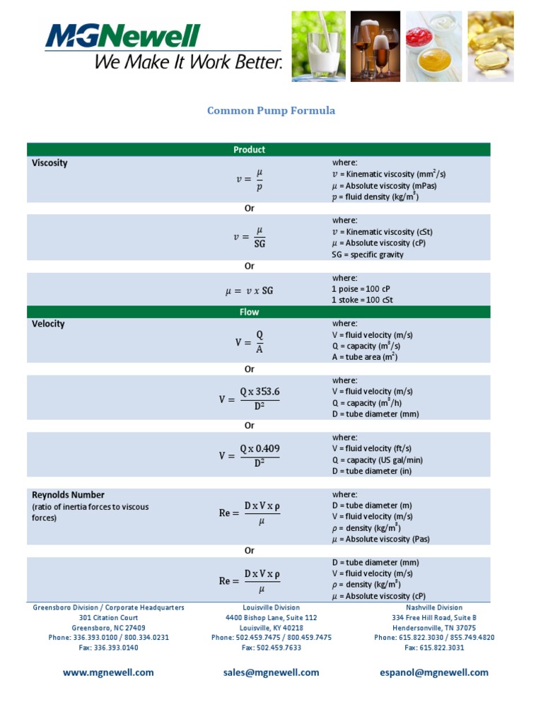 Common Pump Calculation Formulas | PDF | Pressure | Viscosity