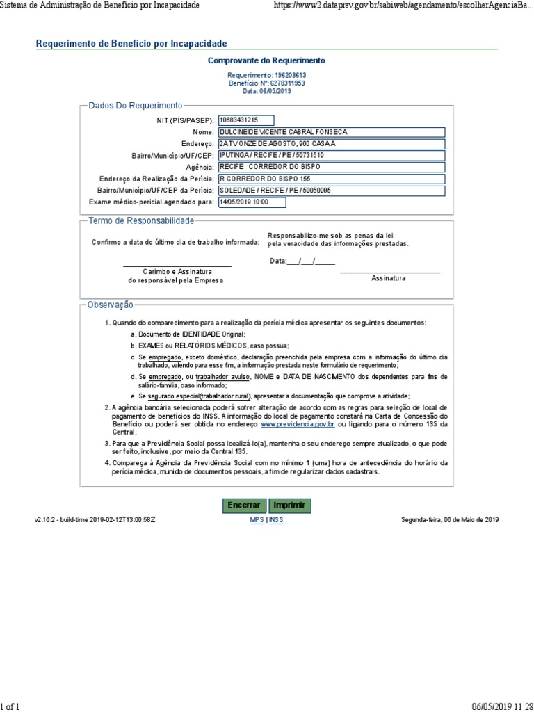 Dados Do Requerimento: Requerimento de Benefício por Incapacidade
