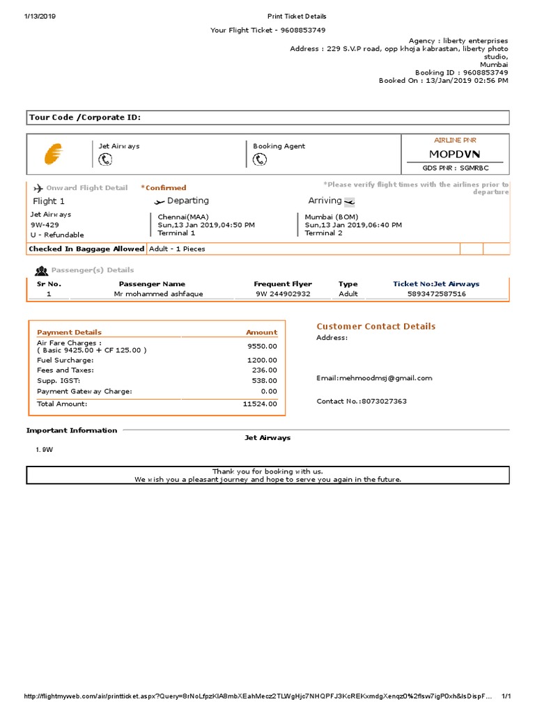 Jet Airways Ticket Print Details | PDF | Fee | Airlines