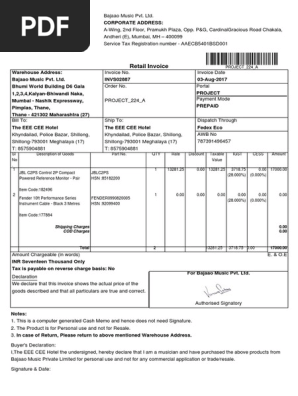 Invoice Shipment ARIH101442 Order PROJECT 224 A