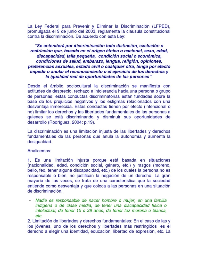 La Ley Federal para Prevenir y Eliminar La Discriminación | PDF ...