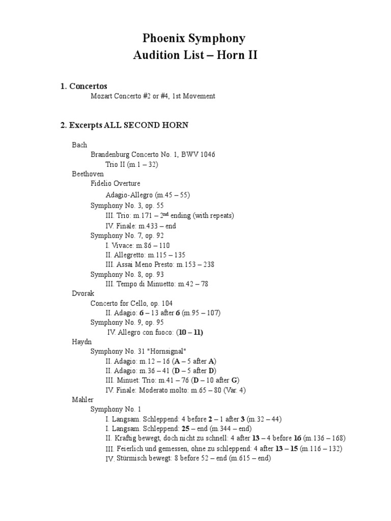 Second Horn Audition Requirements for the Phoenix Symphony A