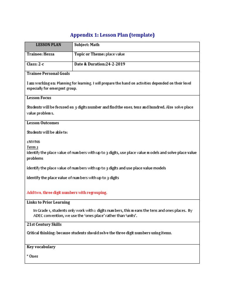 Lesson Plan Place Value | PDF | Lesson Plan | Education Theory