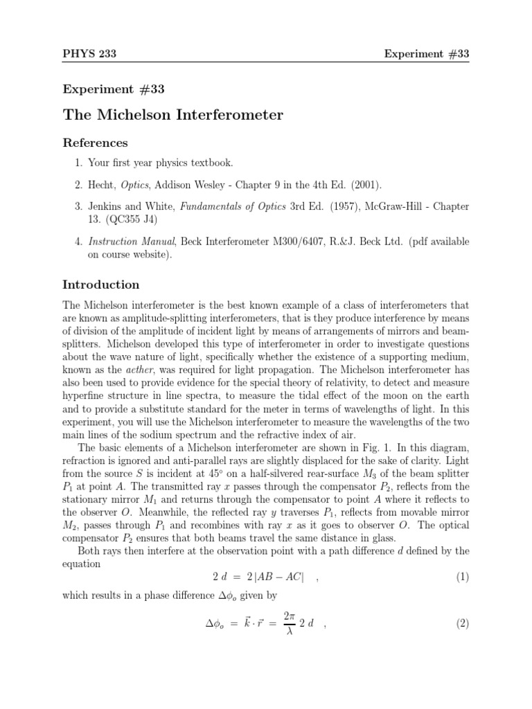 Michelson Interferometer Experiment Guide | PDF | Interferometry | Light