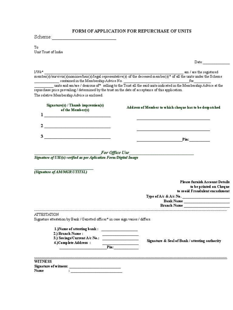 Repurchase Application Form for Units | PDF | Cheque | Financial Services