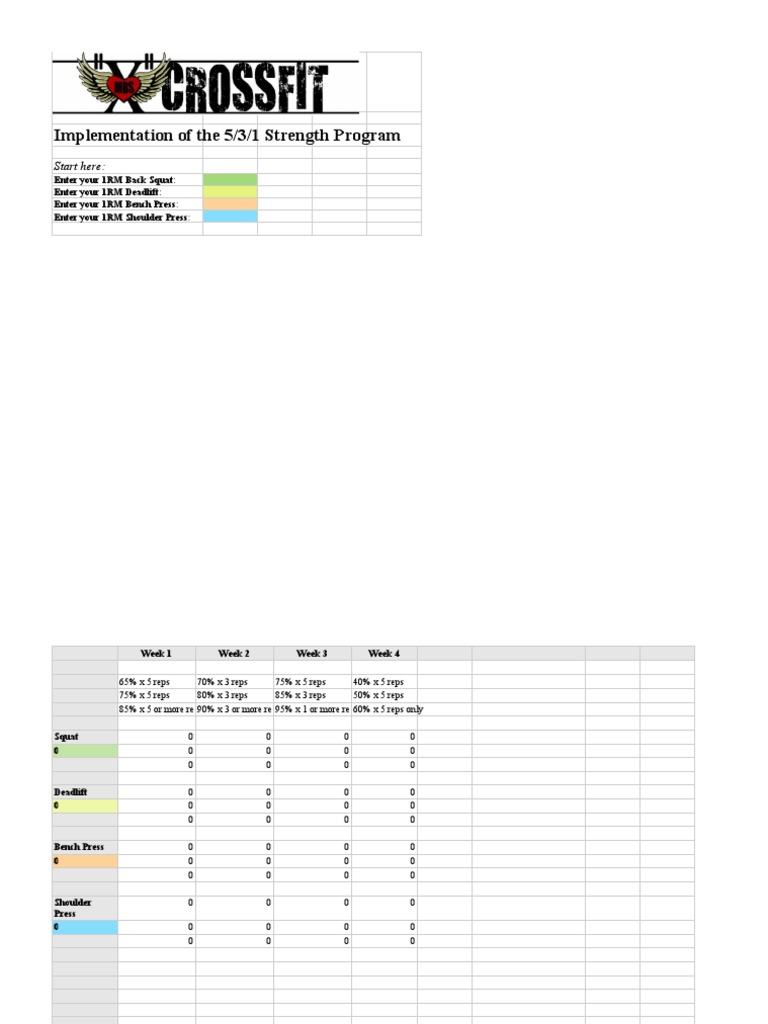 Blank Wendler 531 Strength Program Excel Games Of Physical