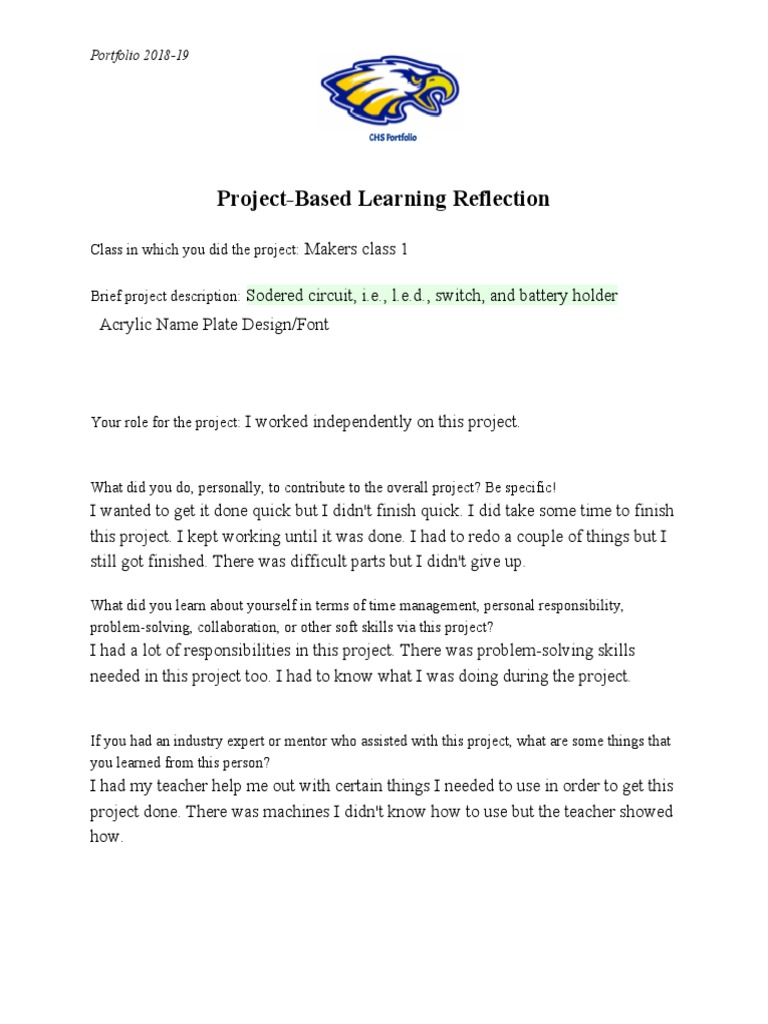 Project-Based Learning Reflection 2018-19 | PDF | Career & Growth