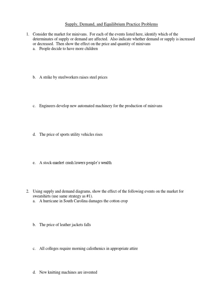 Supply Demand and Equilibrium Practice Problems PDF Supply And Demand Economic Equilibrium