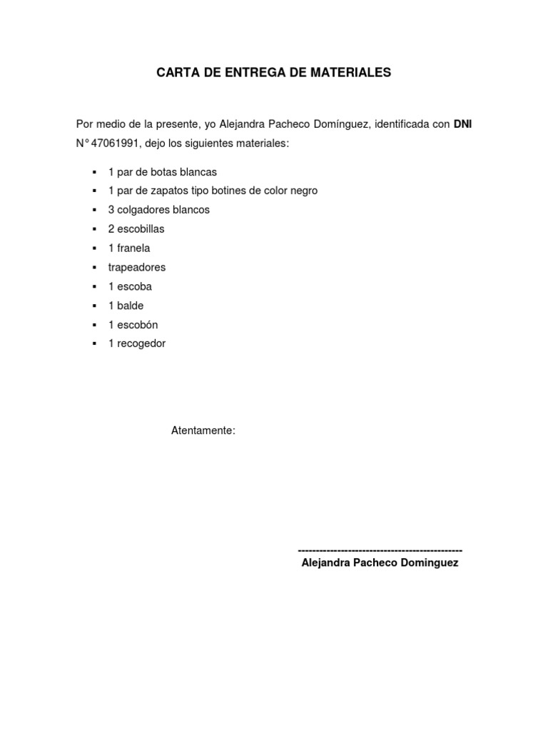 Carta De Entrega De Materiales