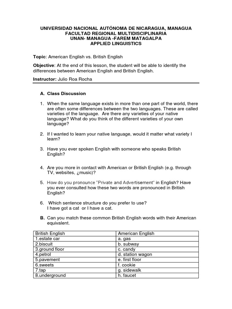 American English Vs British English Lesson Plan 2 Linguistics