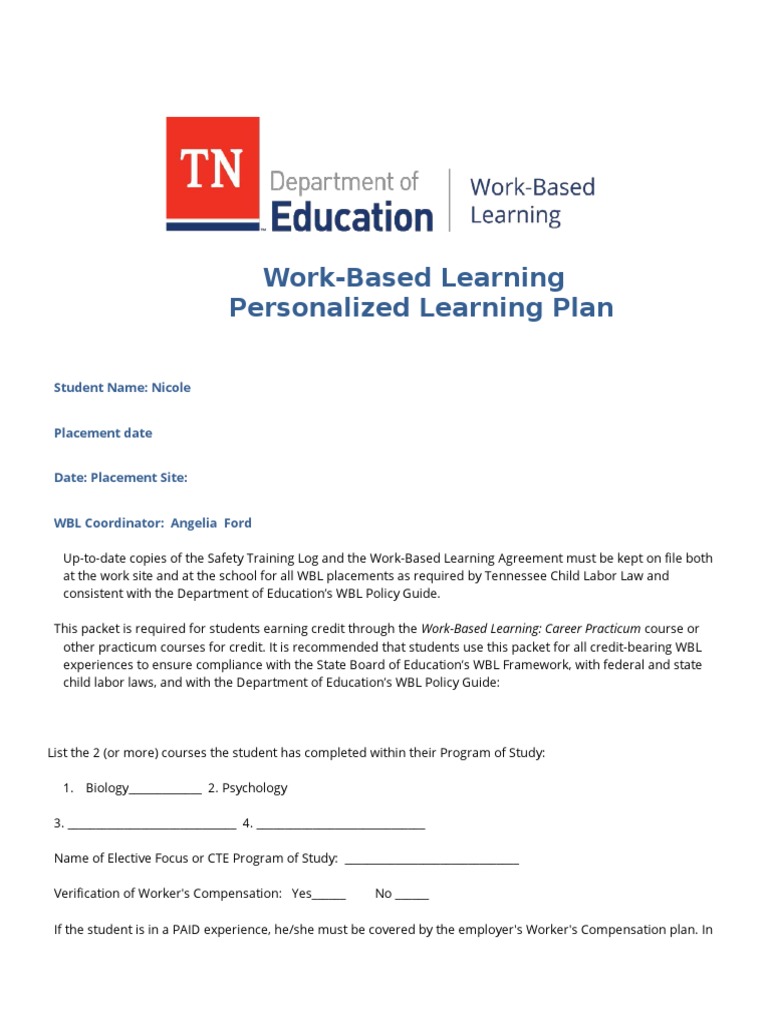 Work-Based Learning Plan for Students | PDF | Workers' Compensation ...