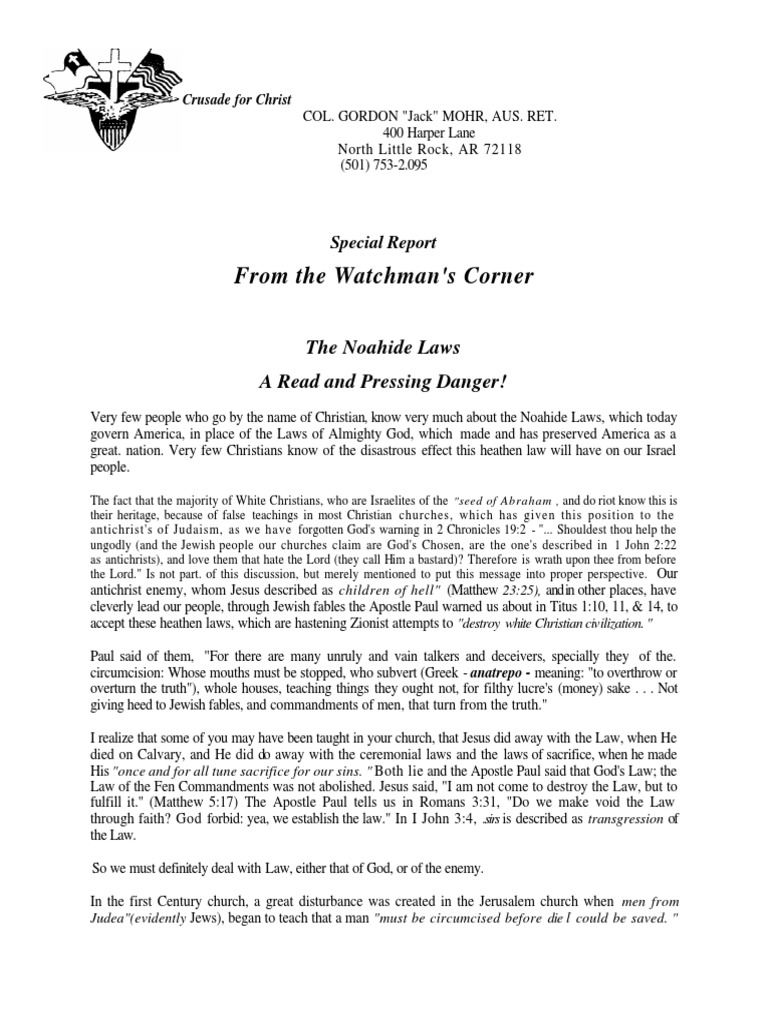 From The Watchman's Corner The Noahide Laws A Read and Pressing Danger