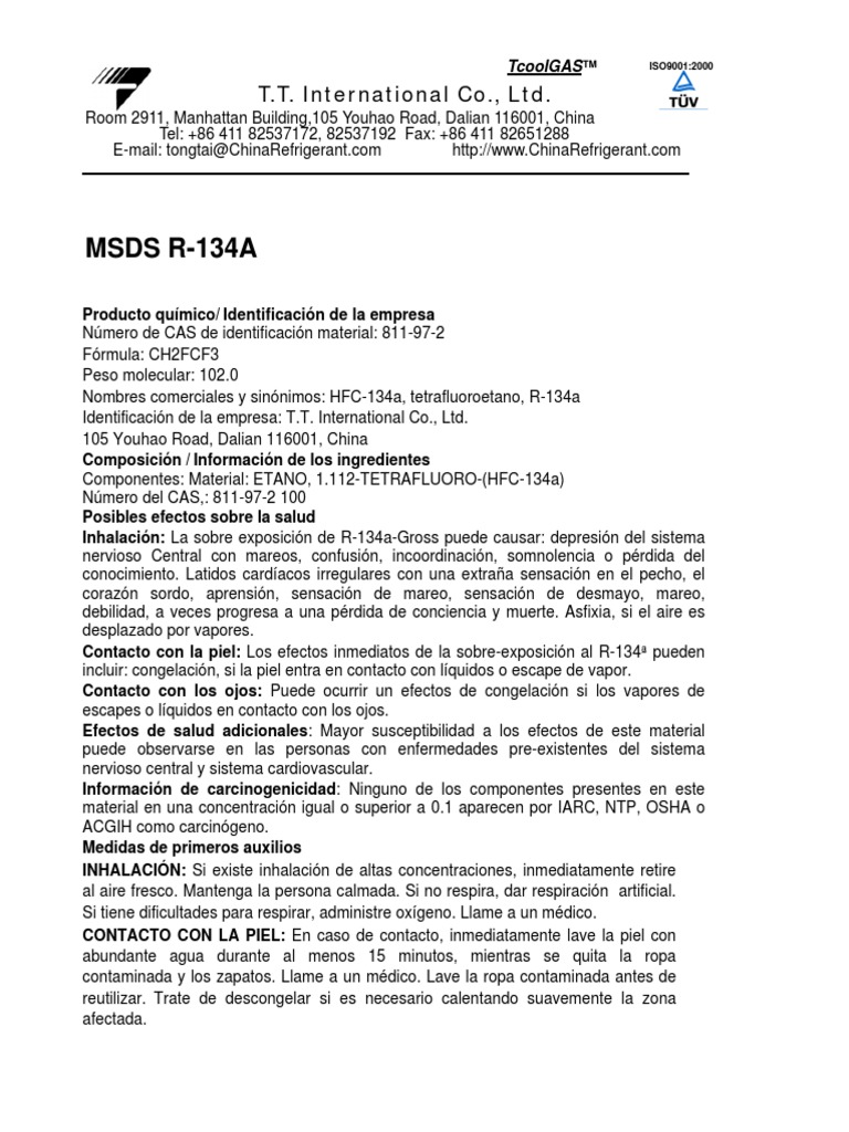 Hfc-R134a Msds (Esp) | PDF | Oxígeno | Concentración