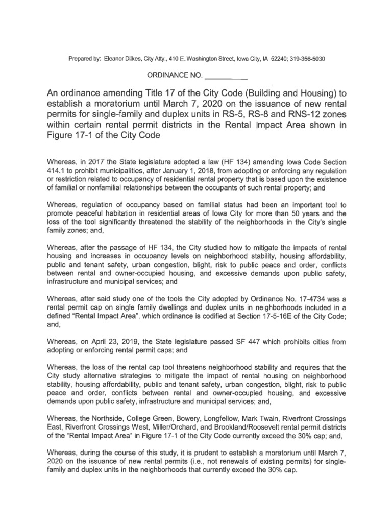 Iowa City Rental Permit Moratorium Ordinance PDF