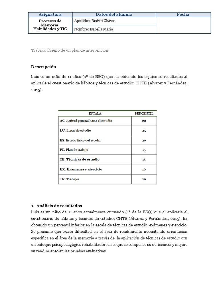 Plan de Intervención Psicopedagógica para Memoria | PDF | Evaluación ...