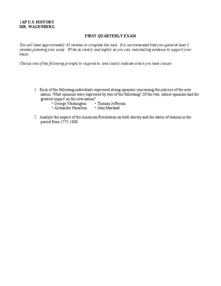 Ap U.S. History Mr. Wagenberg First Quarterly Exam | PDF | Politics ...