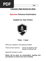 Specimen Y9 Entrance Exam