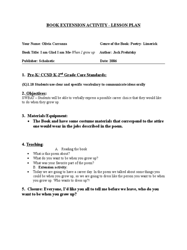 Book Extension Activity Lesson Plan When I Grow Up PDF