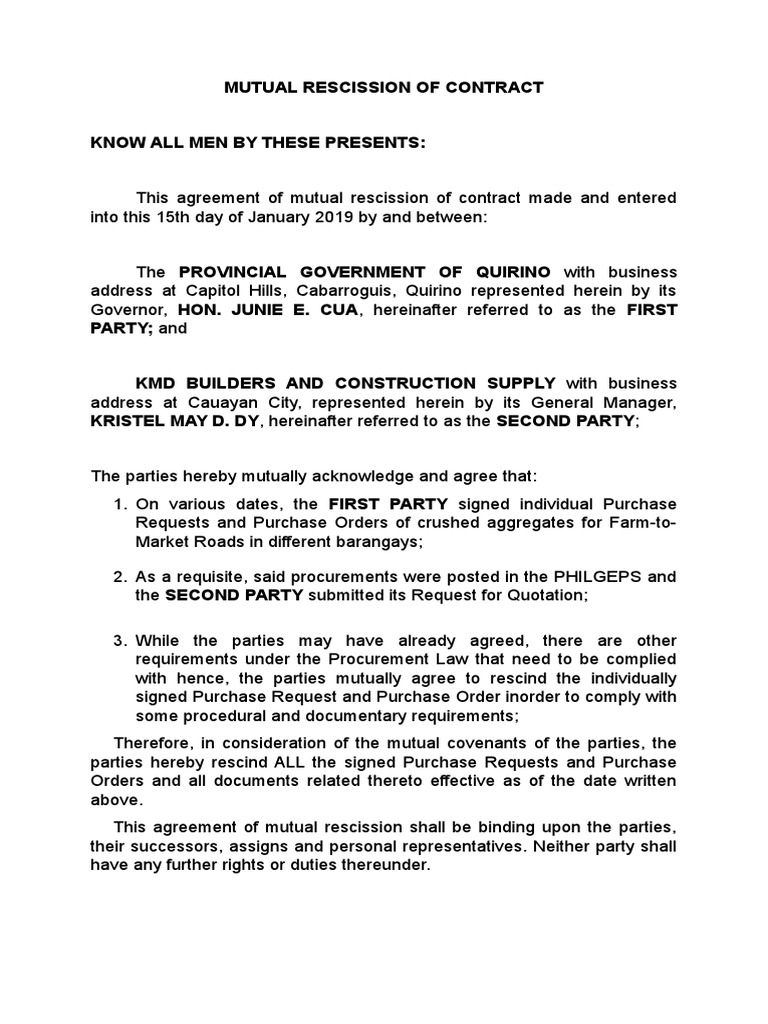 Mutual Rescission Agreement Overview | PDF | Civil Law (Legal System ...