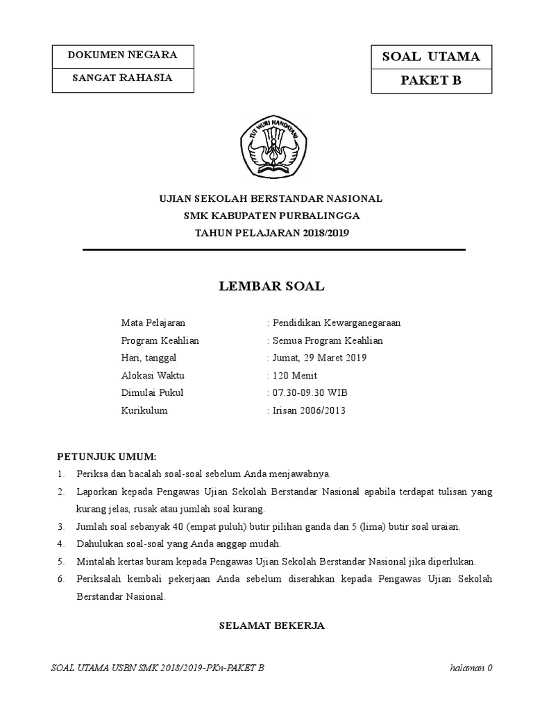 Contoh Soal Ujian Sekolah Pkn Smk