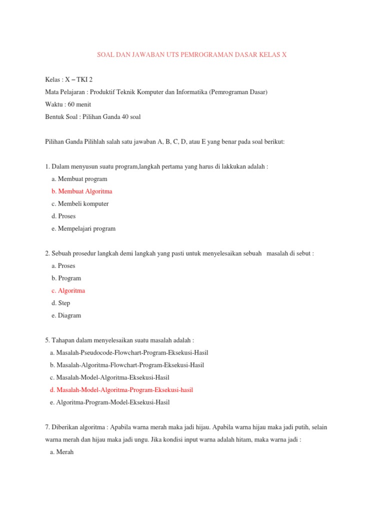 Soal UTS Pemrograman Dasar Kelas X | PDF | Metode & Bahan Ajar | Komputer