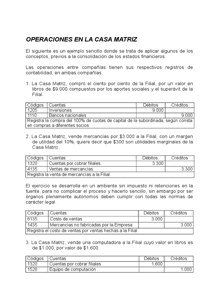 Operaciones Contables Casa Matriz-Filial | PDF | Compartir (Finanzas ...