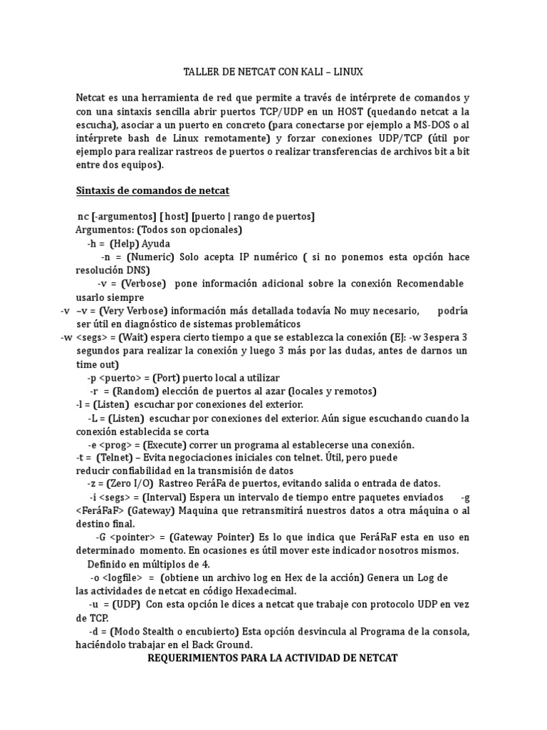 Taller de Netcat en Kali Linux | PDF | Dirección IP | Redes de computadoras