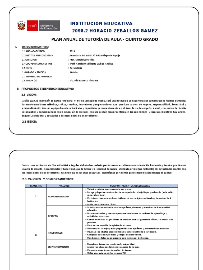 05 Plan Tutorial Anual - 2019) | PDF | Salón de clases | Maestros
