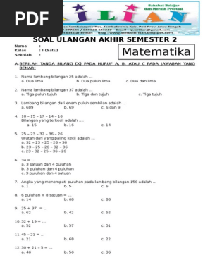 Soal Uas Matematika Kelas 1 Sd Semester 2 Dan Kunci Jawaban Pdf Pdf