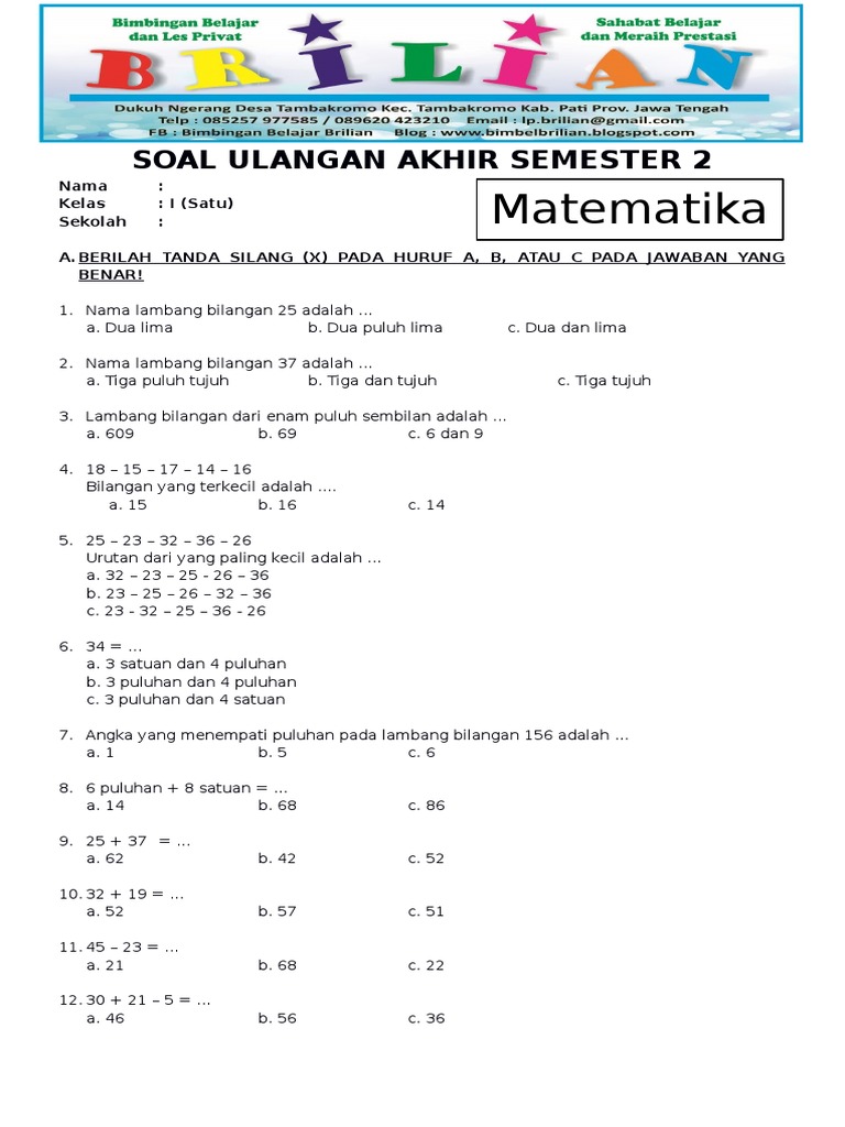 Soal Uas Matematika Kelas 1 Sd Semester 2 Dan Kunci Jawaban Www Bimbelbrilian Com Pdf