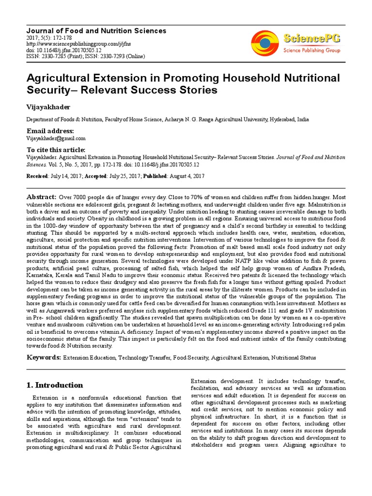 Agricultural Extension PDF Food Security Nutrition