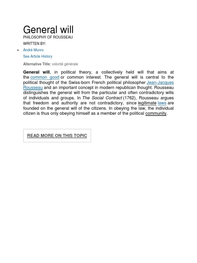 Rousseau's General Will Explained | PDF | Jean Jacques Rousseau ...