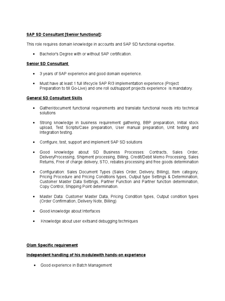 Senior SAP SD Consultant Role Overview | PDF | Business