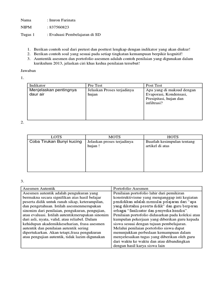 Tugas 1 Evaluasi Pembelajaran Di Sd