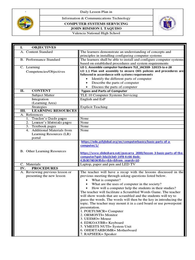 Grade 10 Computer Parts Lesson Plan | PDF | Computer Hardware | Input ...