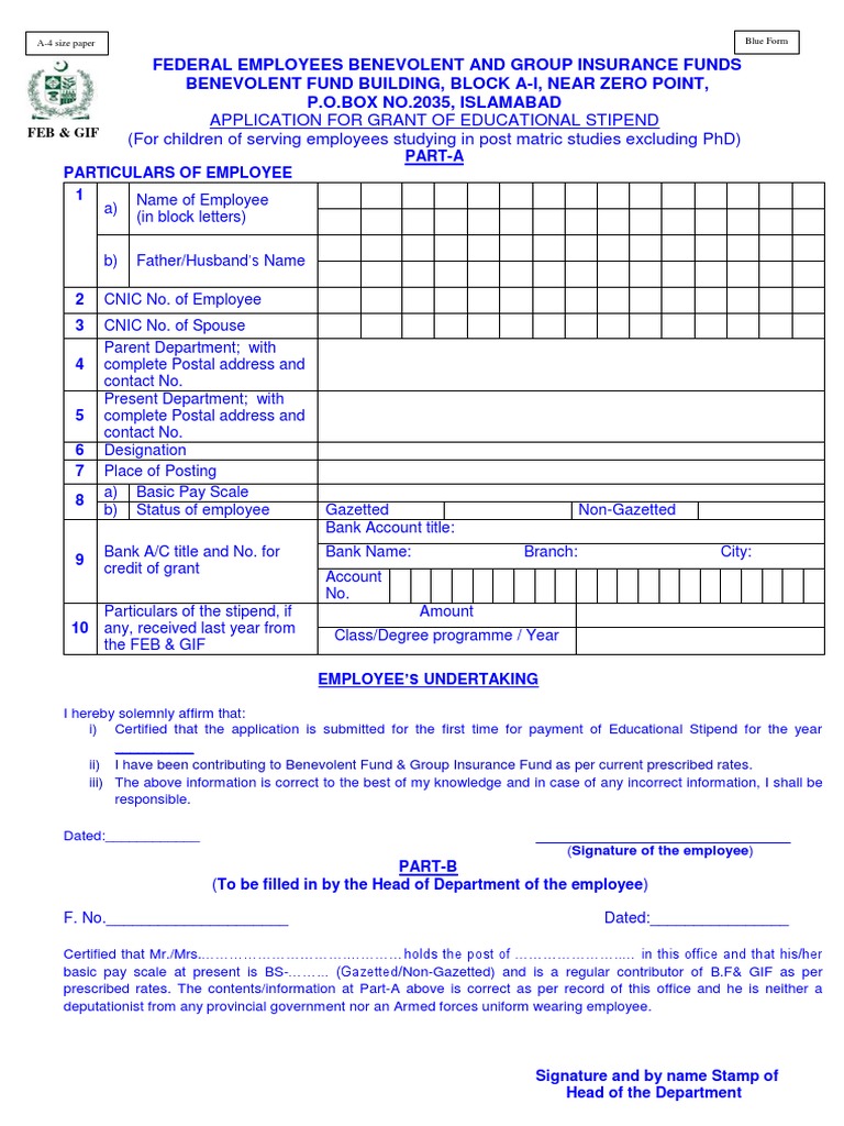 Application For Grant of Educational Stipend (For Children of 