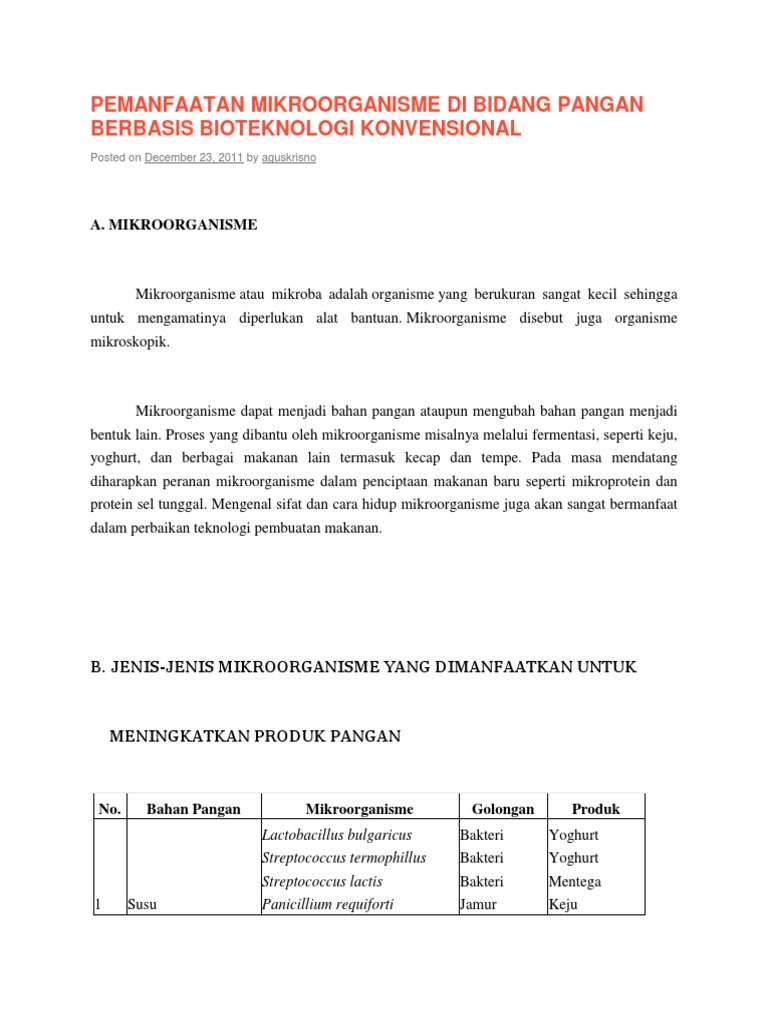 Pemanfaatan Mikroorganisme Di Bidang Pangan Berbasis Bioteknologi Konvensional