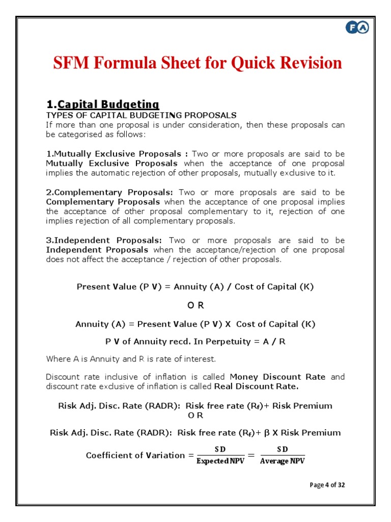 SFM Formula Sheet for Quick Revision | PDF | Bond Duration | Put Option