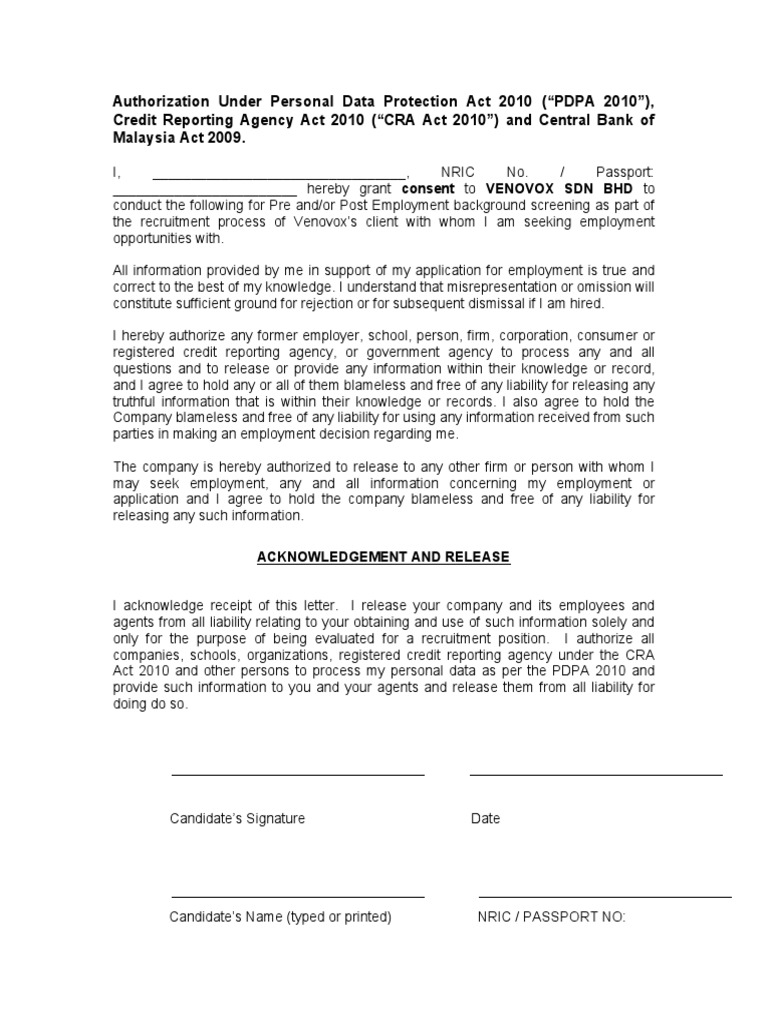 Venovox Background Check Authorization | PDF | Law