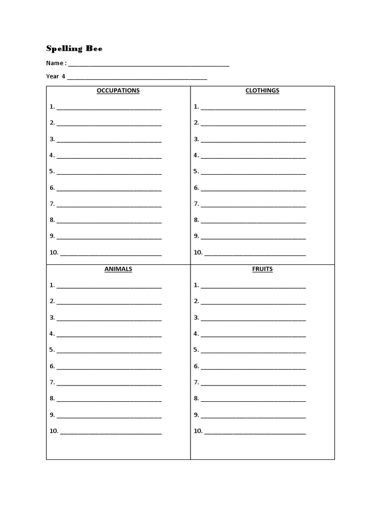 Year 4 Spelling Bee Categories | PDF