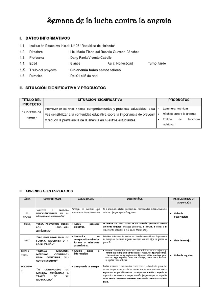 Semana de La Lucha Contra La Anemia Proyecto | PDF | Maestros | Salón ...