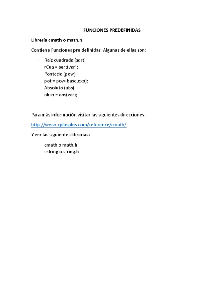 Funciones Predefinidas en C++ | PDF | C ++ | Programación orientada a ...
