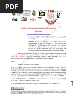 Edital nº  60 - INESPEC-CECU, PRT 4.056.202/2019, de quarta-feira, 8 de maio de 2019. 