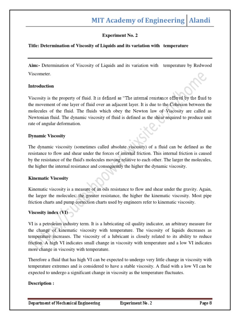 Redwood Experiment Viscosity Friction