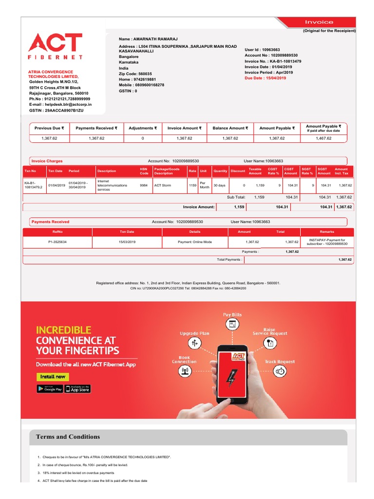 ACT Broadband Bill Invoice Cheque