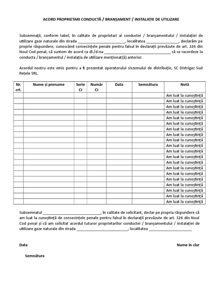Acord Proprietari Conducta Gaz | PDF