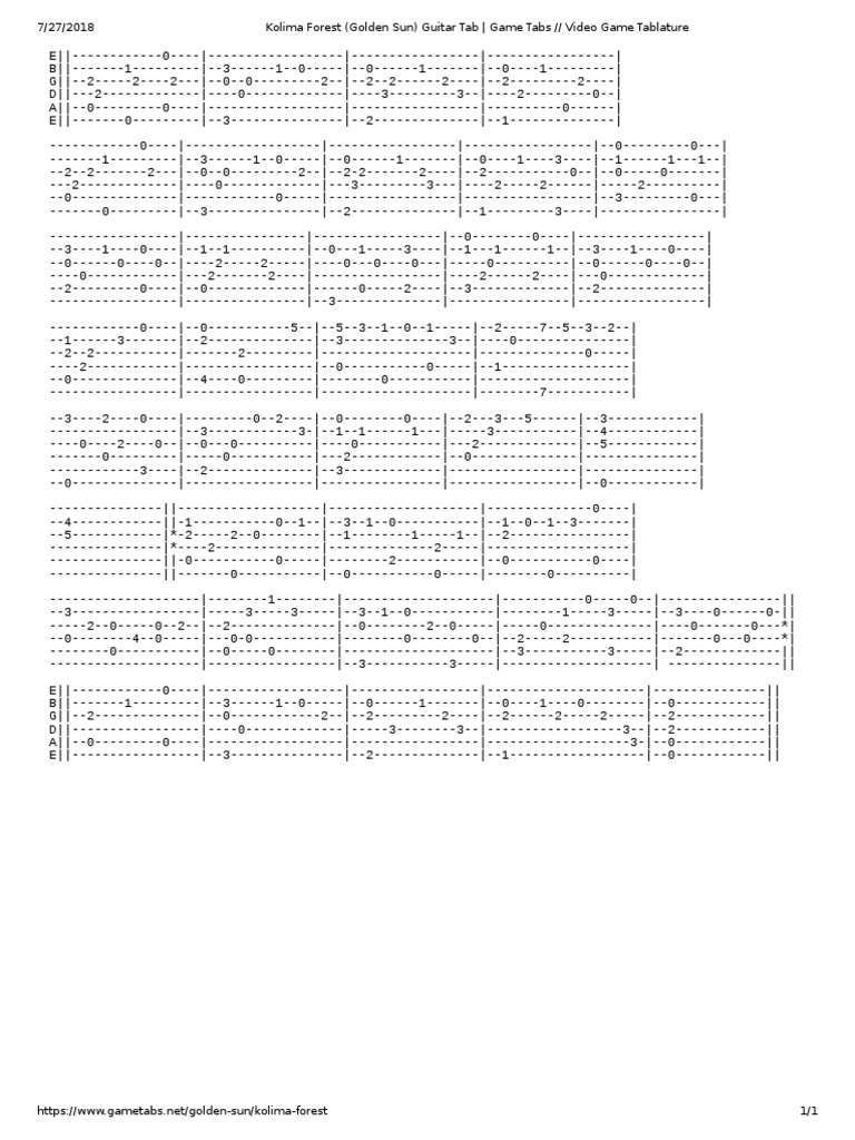 Kolima Forest Golden Sun Guitar Tab Game Tabs Video Game Tablature Pdf Pdf Musical Notation Musicology