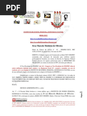 INSTITUTO de ENSINO Edital de Ciência de Adesão Nº 62 - InESPEC-CECU, PRT 4.056.216.2019, De Quarta-feira, 8 de Maio de 2019