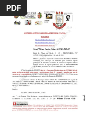 INSTITUTO de ENSINO Edital de Ciência de Adesão Nº 63 - InESPEC-CECU, PRT 4.056.215.2019, De Quarta-feira, 8 de Maio de 2019.