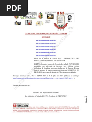 INSTITUTO de ENSINO Editais de de Ciência de Adesão Nº(s)... - InESPEC-CECU, PRT 4.056.215.2019, De Quarta-feira, 8 de Maio de 2019